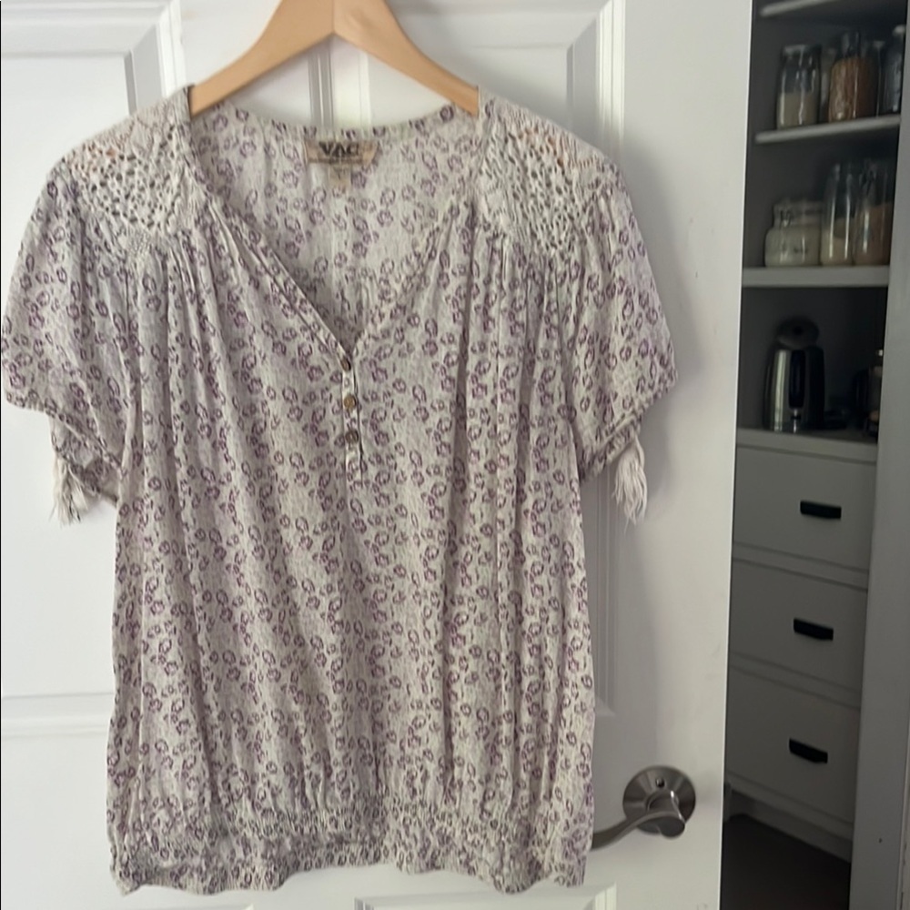 VAC Cream Purple Floral Crochet size large Top